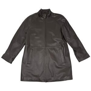 Worthington Genuine Lambskin Leather Coat Brown Zip Front Long Jacket Petite L